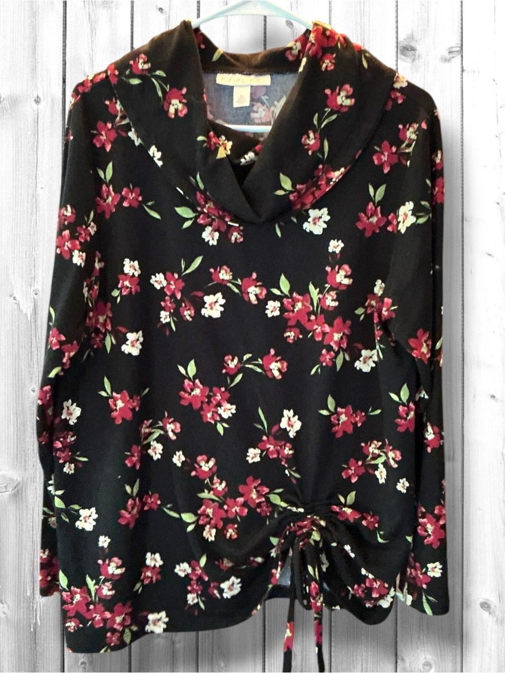 🌼Emaline Black Floral Cowl-Neck Blouse with Drawstring